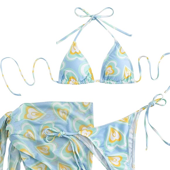 Women's Size Medium Heart Bikini Bathing Suit w/ Mesh Cover Up Skirt 3 Piece - Picture 2 of 5